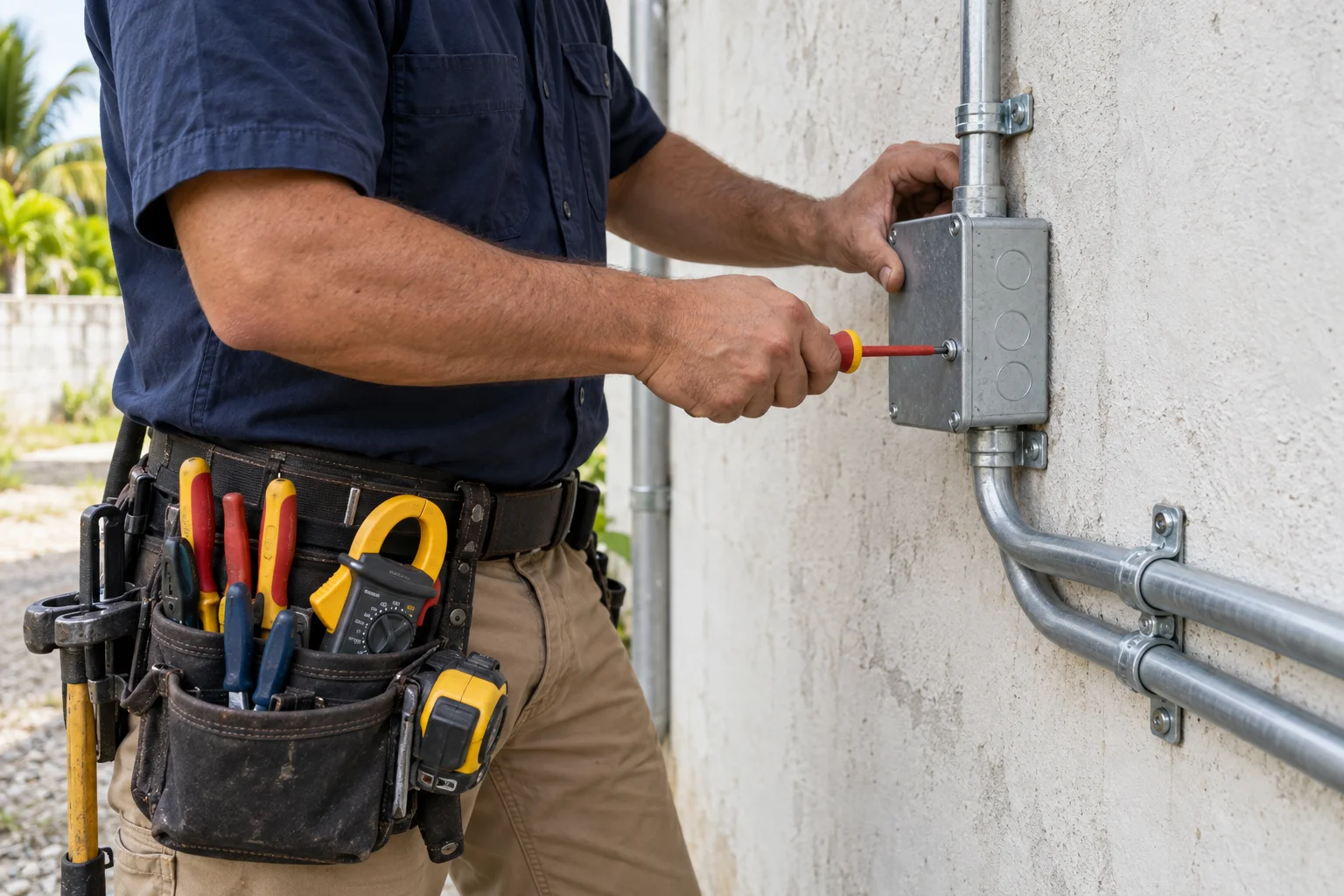 Trabajo de instalación eléctrica en una pared de concreto