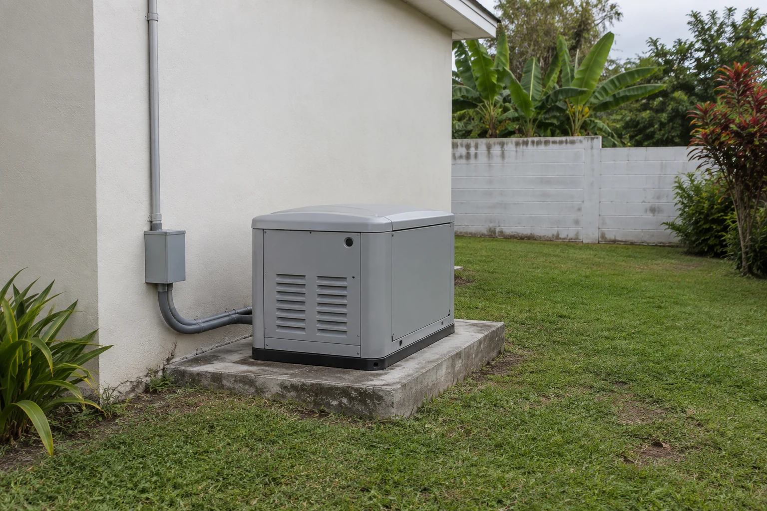 Generador de respaldo junto a una casa de concreto en Puerto Rico